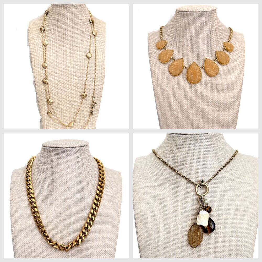 Lot of 4 Womens Gold Tone Necklaces Chunky Curb Chain Teardrop Long Station Des